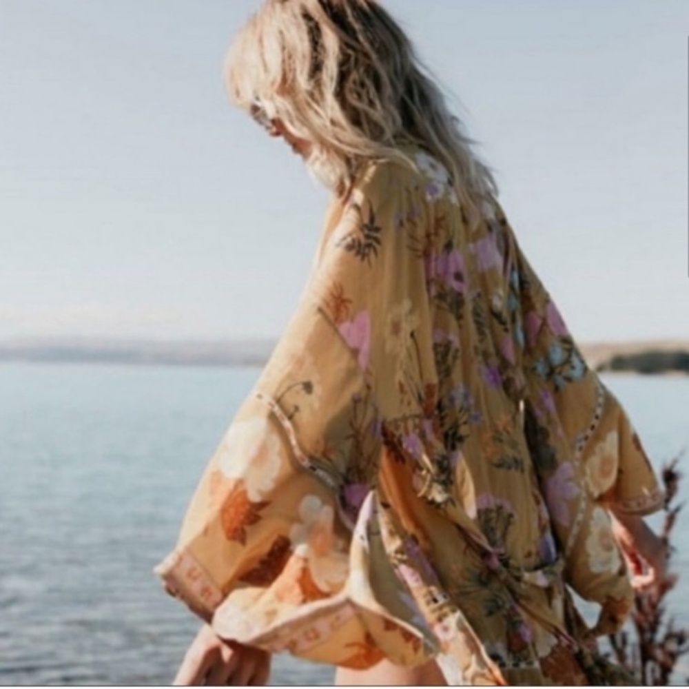 Bohemian Mustard Floral Print Kimono Belted Cover up - Picture 2 of 9